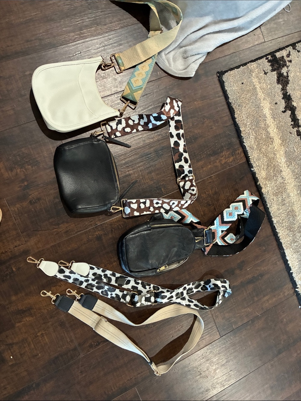 Women’s Black and Cream Crossbody Bag Set with Patterned Straps